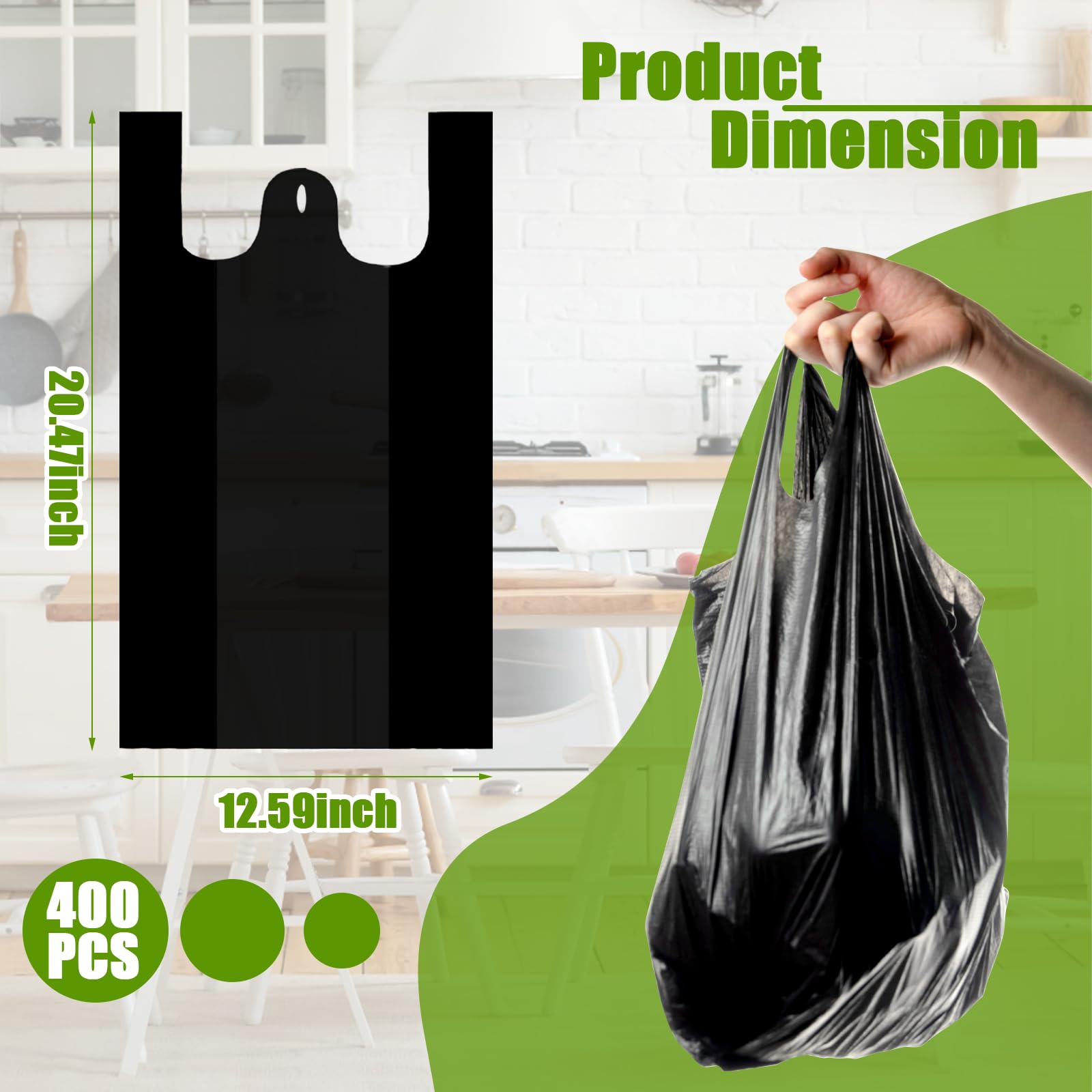 Retainbre Lot de 400 grands sacs d'épicerie noirs en plastique avec poignées, pour t-shirt, sacs de courses en vrac, 52,1 x 32 cm, 35 micros très résistants