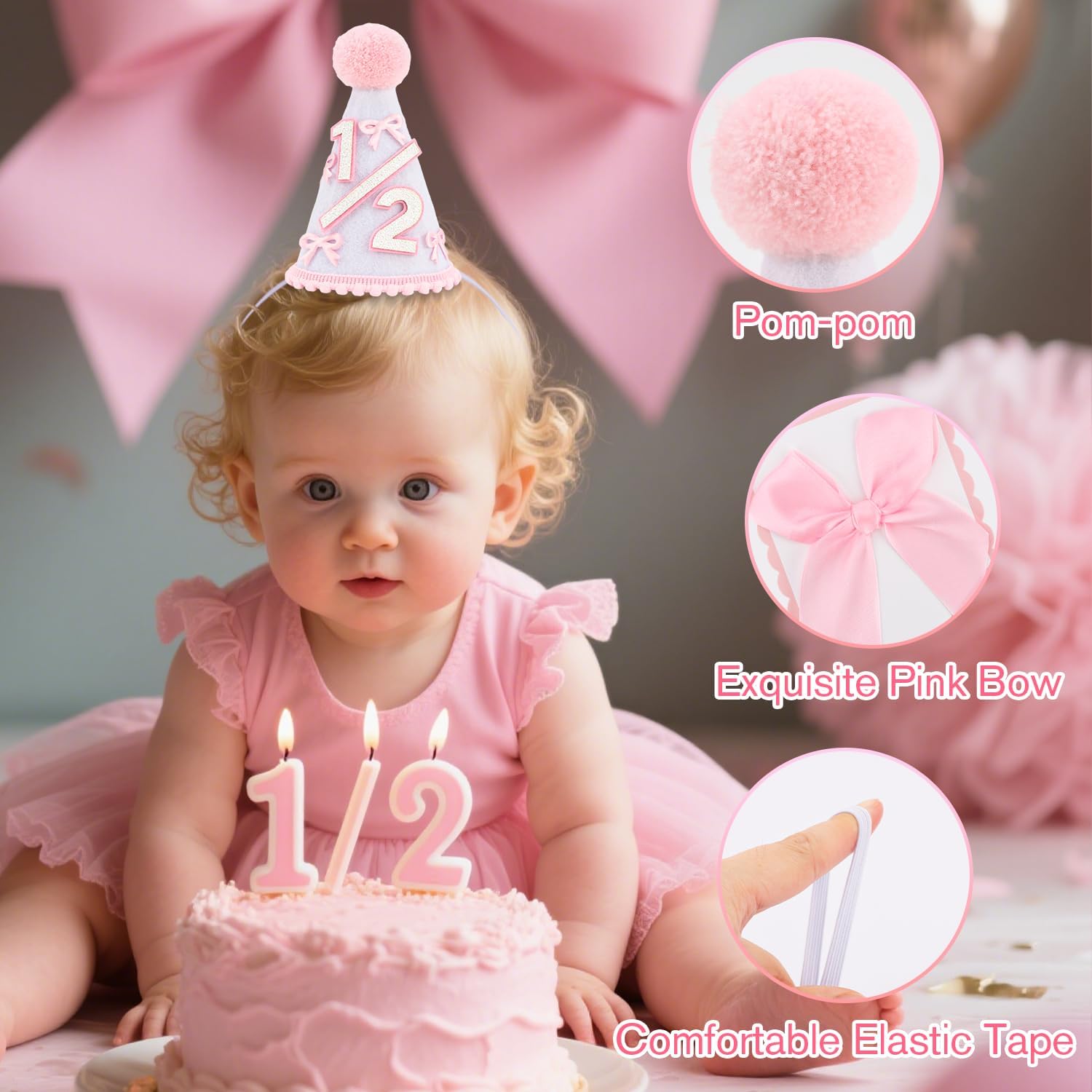 Atoden 1/2 Birthday Girl Hat Half Birthday Decorations Banner Cake Topper Balloon Princess Crown 6 Months Outfit Bow Party