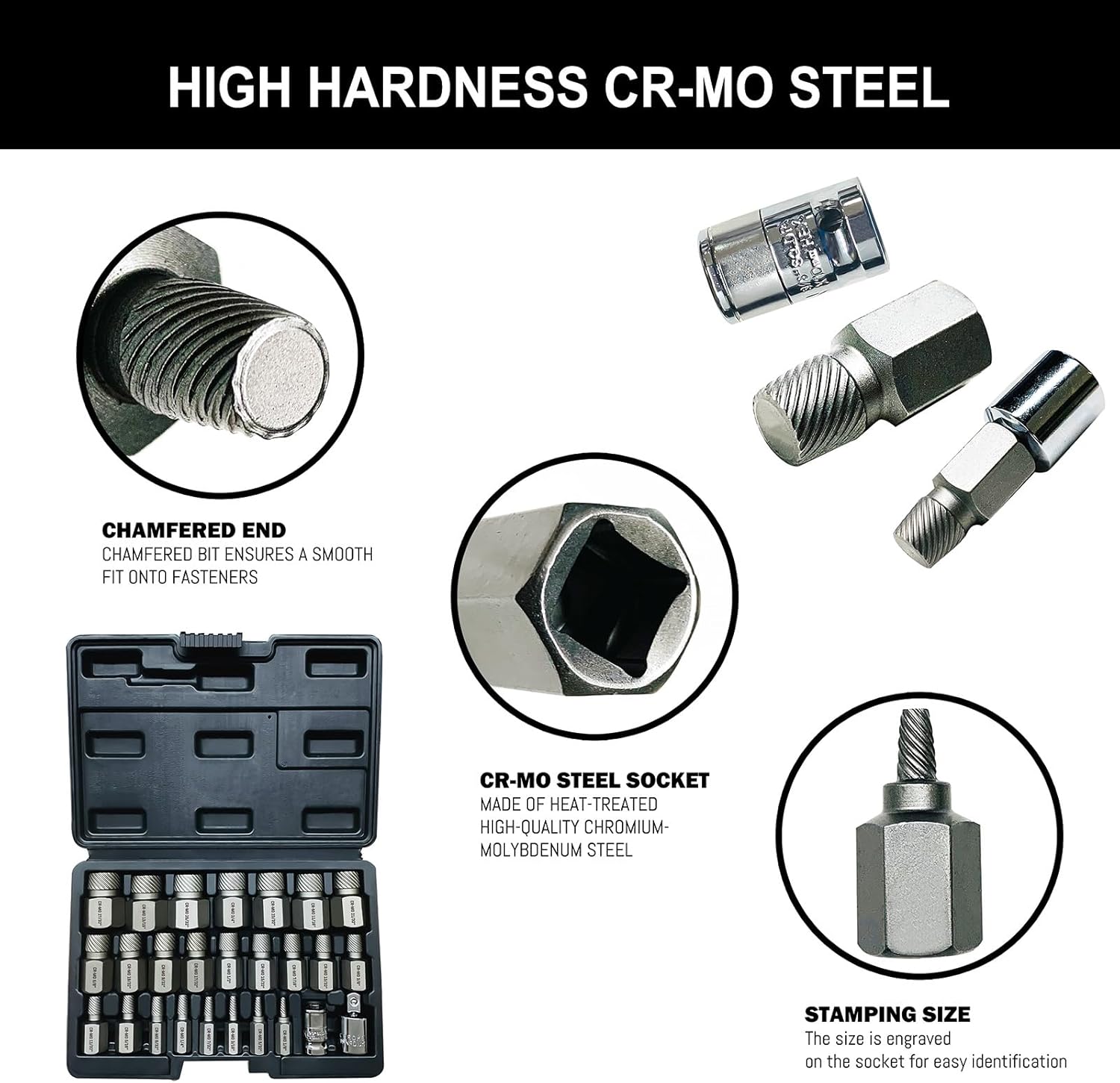 NORTOOLS 26PCS CR-MO Screw Extractor Set,Hex-Head Multi-Spline Screw Easy-out Screw Extraction Set 3/8" Inch Drive Hex-Head, Broken Bolt Remover, Stripped Fastener Tool for Stripped, Rounded, Damaged