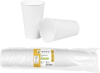 HEKU 30908 : 50 gobelets en carton blanc 0,3 l fibre vierge avec revêtement.