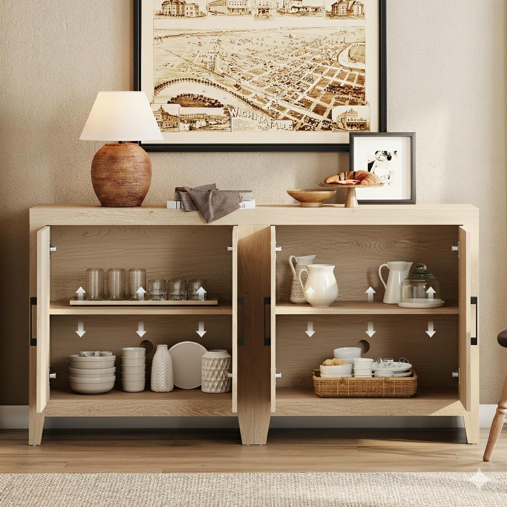WAMPAT TV Stand for TVs up to 110 inch, Farmhouse Entertainment Center with Storage, Wood Media Console with Glass Doors and Closed Cabinets, Rustic TV Cabinet with Adjustable Shelves, Beige