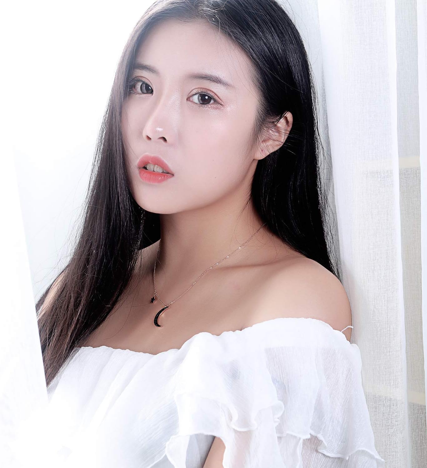 TEMICO Rose Gold Plated Stainless Steel Black Crystal Cubic Zirconia Star Moon Crescent Pendant Necklace for Women - Image 5