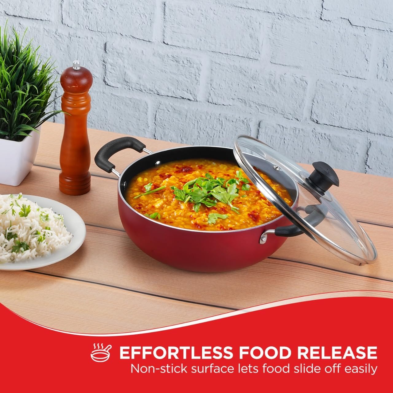 Vinod Cookware Zest Non-Stick Induction Friendly Deep Kadai With Lid Red/Black 2.6 Litres