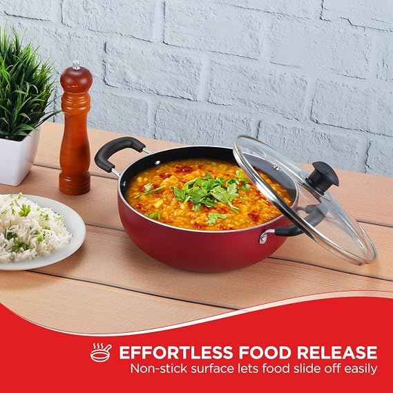 Vinod Cookware Zest Non-Stick Induction Friendly Deep Kadai With Lid Red/Black 2.6 Litres
