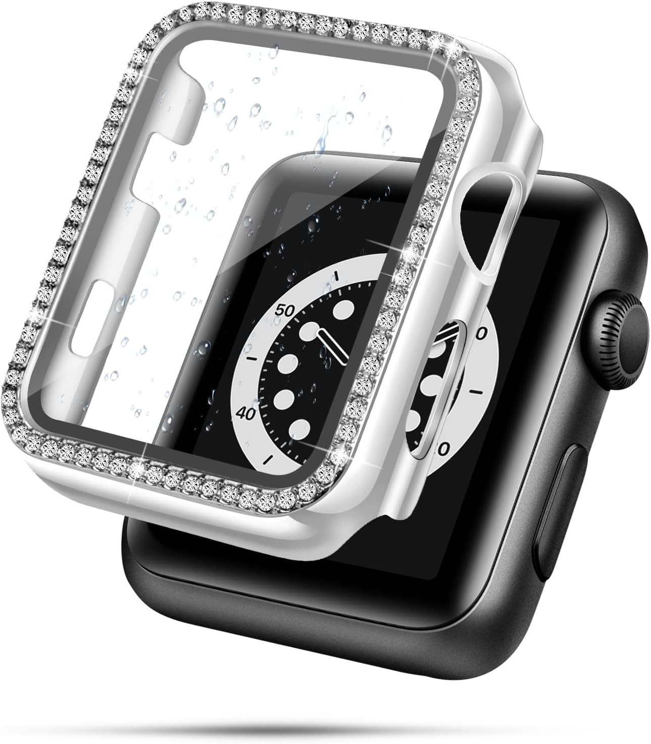 top4cus PC Bling Case Compatible with Apple Watch Case 44mm, Crystal Rhinestone Bumper Cover for iWatch Series SE/6/5/4/3/2/1 with Tempered Glass Screen Protector (Silver, 44mm)