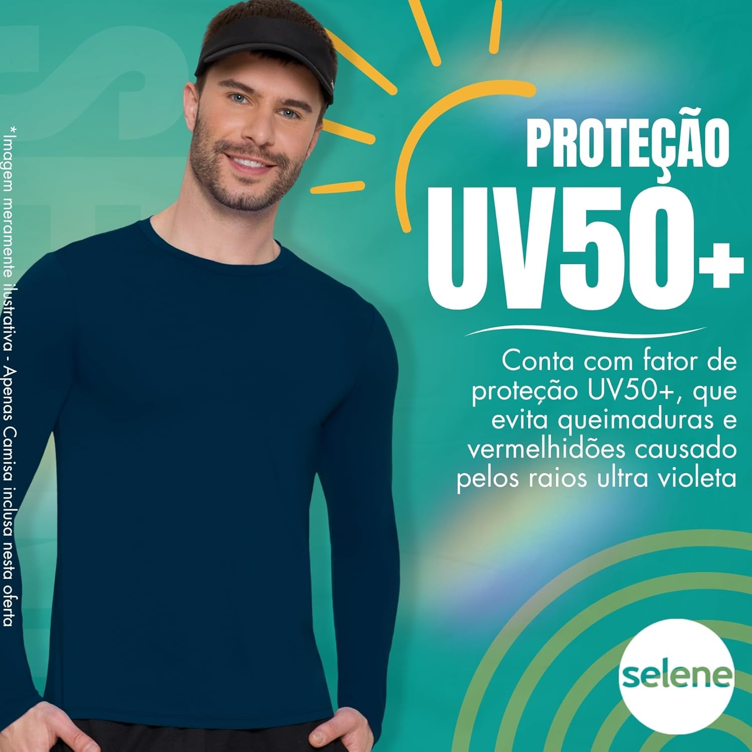 Imagem frontal da camiseta em fundo verde com elementos gráficos.