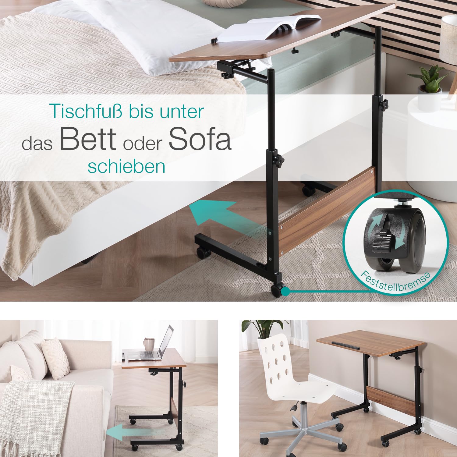 maxVitalis mobiler Laptoptisch Schreibtisch Computertisch Pflegetisch höhenverstellbar mit Rollen, Tischplatte neigbar, Multifunktionaler Beistelltisch für Bett Sofa Couch, Laptopständer (Holz-Optik)