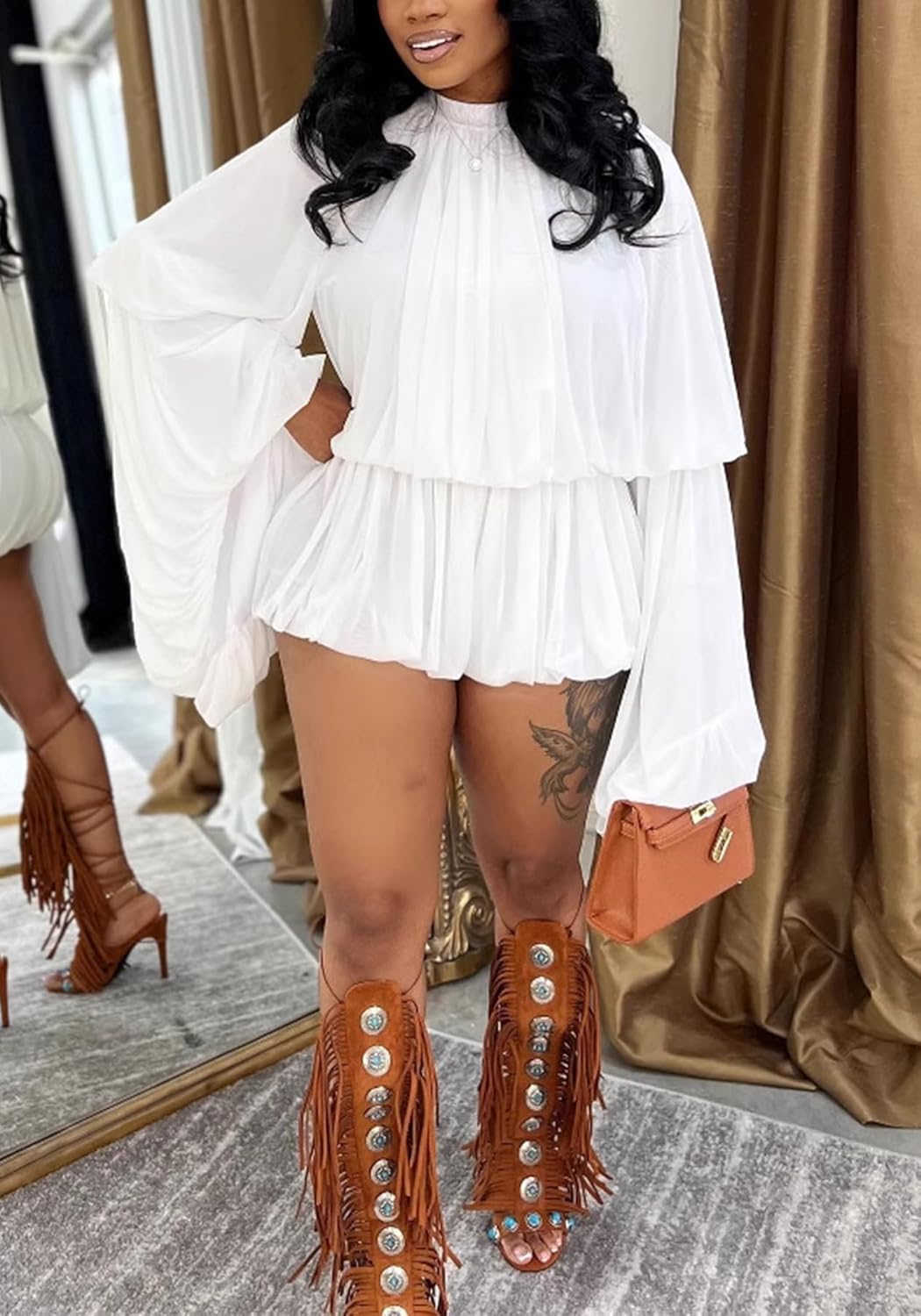 Unybwonn Women Shorts Sets Ruched Mock Neck Bell Sleeve Chiffon Top Blouse Pleated Ruffle Bubble Short Set Romper - Image 2