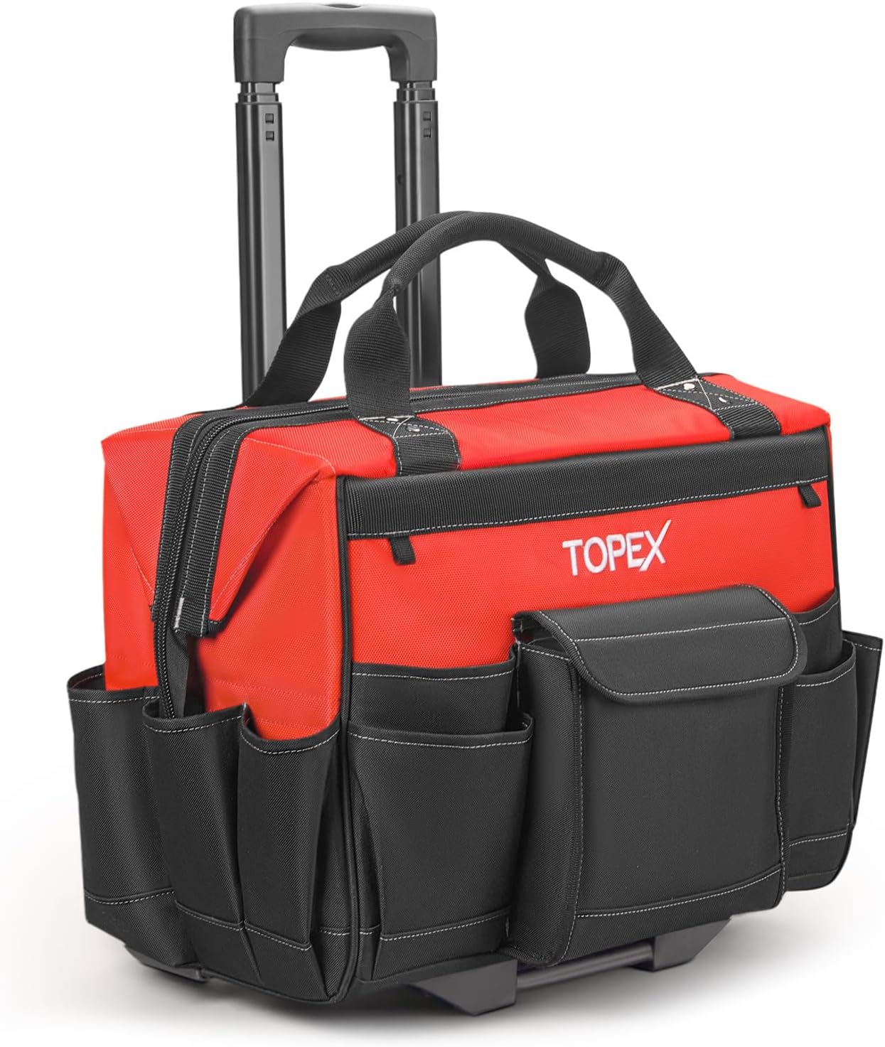TOPEX 19 Inch Rolling Tool Bag, Tool bag with Wheels, 19 Functional Pockets Tool Organiser, Roomy Storage Space Tool Tote Bag with Adjustable Telescoping Handle, for Home, Workshop, and Job Site