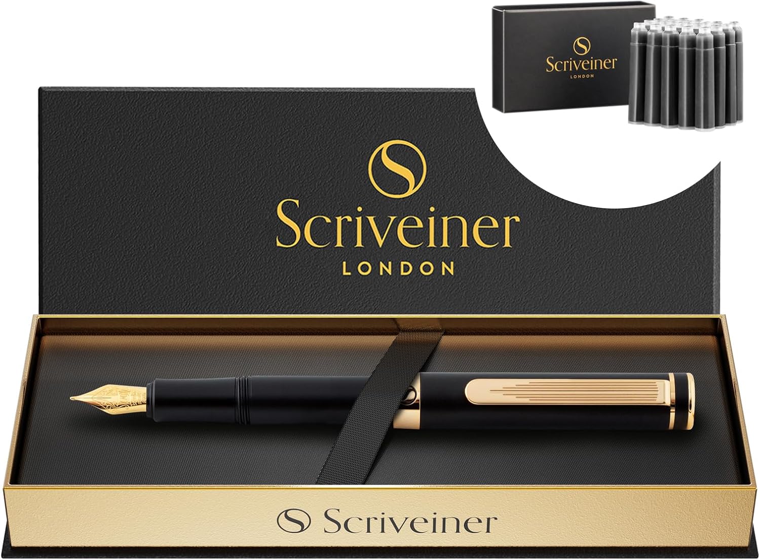 Scriveiner Luxury EDC Fountain Pen (Medium), Stunning Black Pocket Pen, Real Gold Plating, Bundle with Fountain Pen Ink Cartridges - Black - 20 Standard International Made in UK
