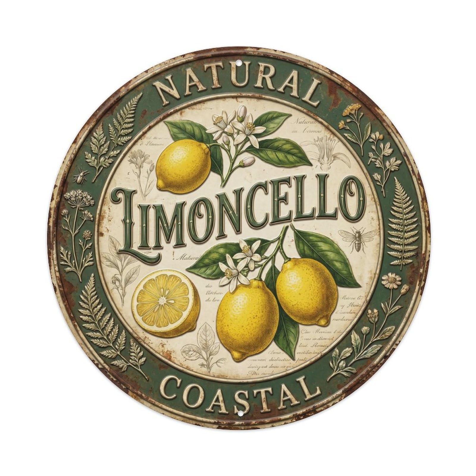 Natural Coastal Limoncello Emblem Metal Tin Sign Plaque Wall Decor for Cafe, Club Bar, Office, Home Garden Round Metal Poster 8x8Inch