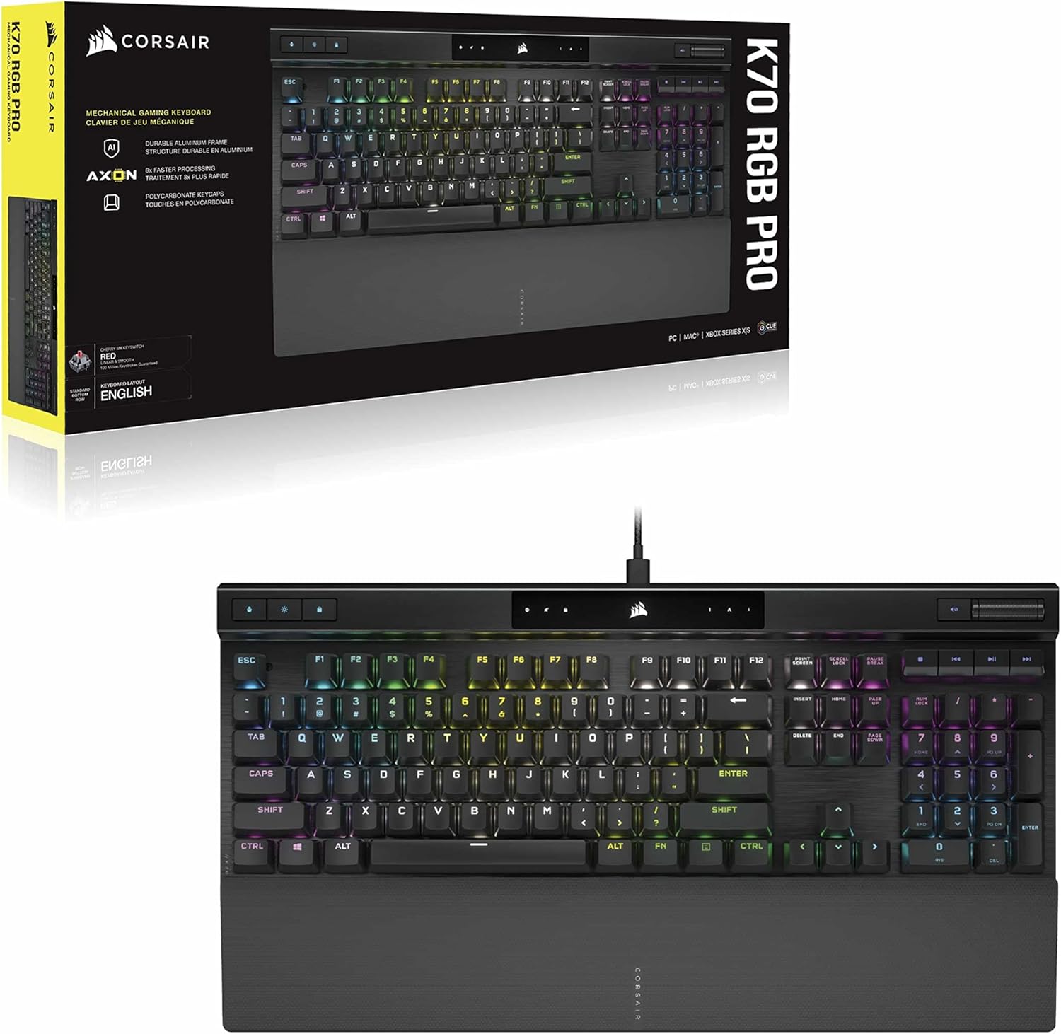 CORSAIR K70 RGB PRO Teclado Mecánico con Cable para Juegos – Interruptores Lineales Cherry MX Red, SOCD, Llaveros PBT Double-Shot, 8000Hz Hyper-Polling, NKRO, Torneo Switch, QWERTY ES – Negro 9