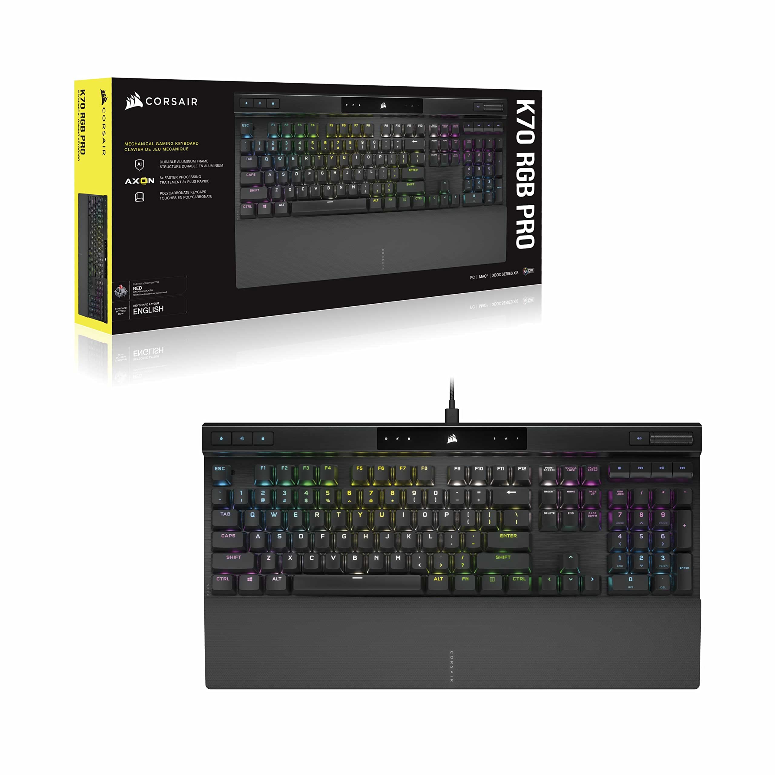 CORSAIR K70 RGB PRO Teclado Mecánico con Cable para Juegos – Interruptores Lineales Cherry MX Red, SOCD, Llaveros PBT Double-Shot, 8000Hz Hyper-Polling, NKRO, Torneo Switch, QWERTY ES – Negro