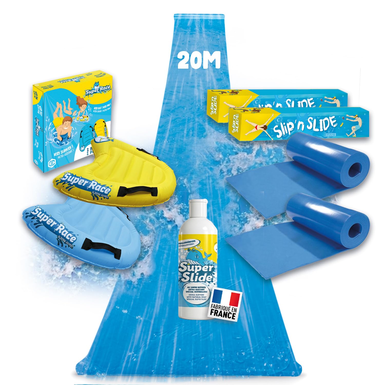 Pack Ventriglisse Géant XXXXL 20 Mètres | 2 Tapis de Glisse 10 Mètres + 2 Planches Bodyboards pour Mieux Glisser + 1 Litre Savon Naturel Extra-Glissant | Slip'n Slide Jeux d'eau | OriginalCup