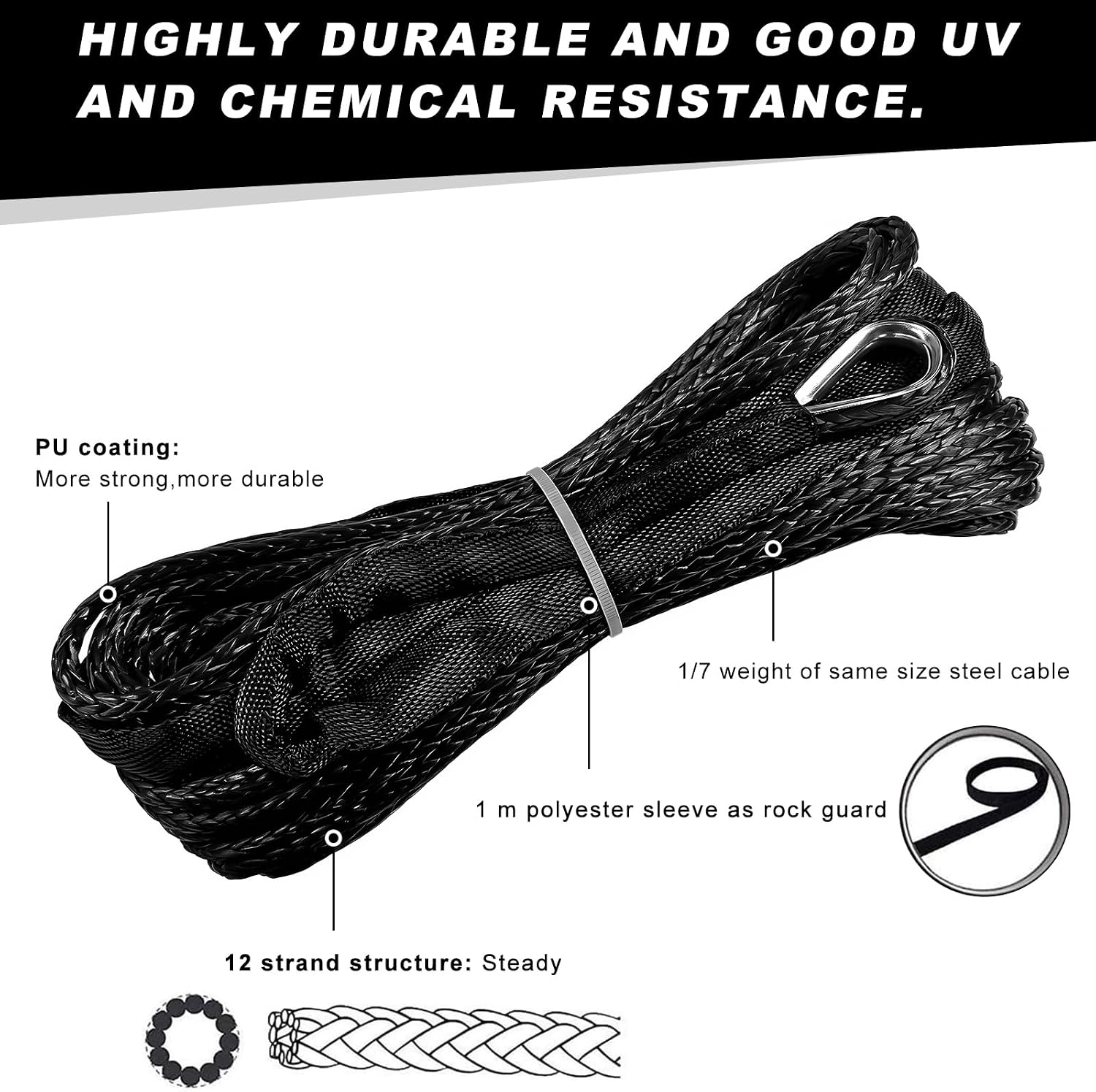 3/16 in x 50 ft Synthetic Winch Rope, 6000 LBS Breaking Strength Winch Line with Protective Sleeve, Heavy Duty Recovery Tow Rope for ATV UTV SUV Truck 4WD Off Road Vehicle