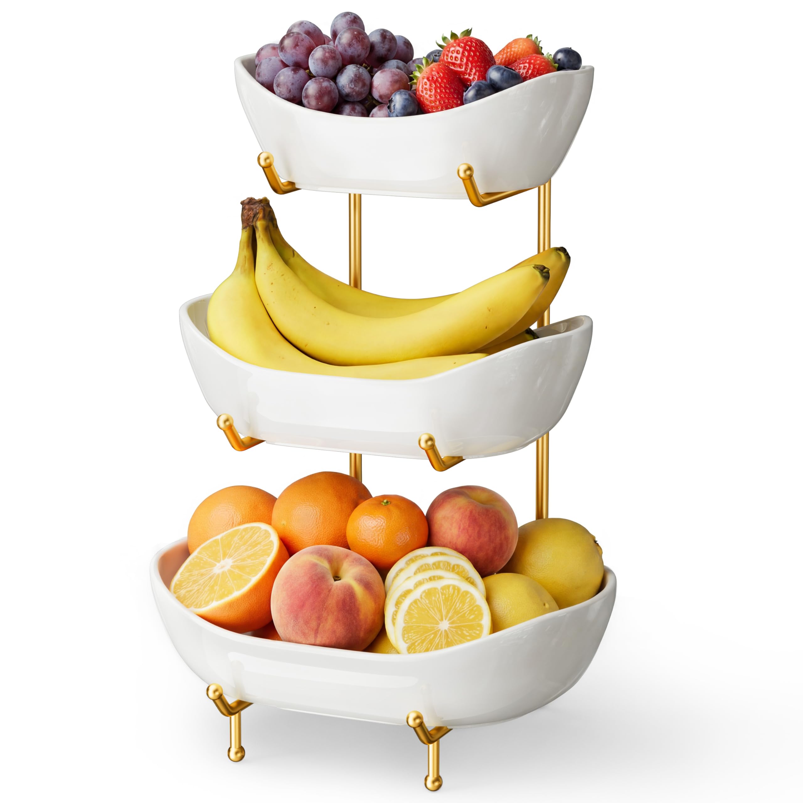 Josmimic Ciotola per frutta in ceramica per bancone della cucina, cesto di frutta a 3 ripiani con supporto in metallo dorato, porta frutta per snack, noci, torte, dessert, pane, caramelle