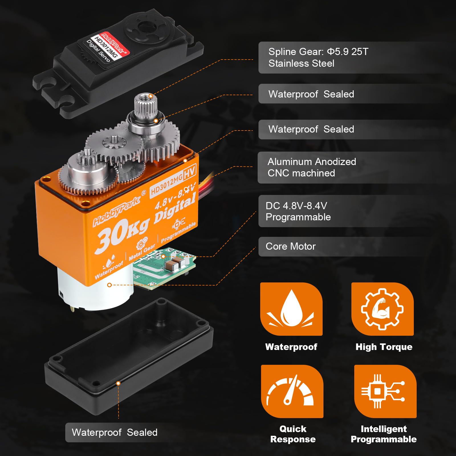 HobbyPark Paquete de 2 servos impermeables de 30 kg de alto par de torsión RC Servo Metal Gear todo de acero inoxidable para 1/12 1/8 1/10 RC Car Crawler Truck Buggy Robótica 5V-8.4V Alto Voltio