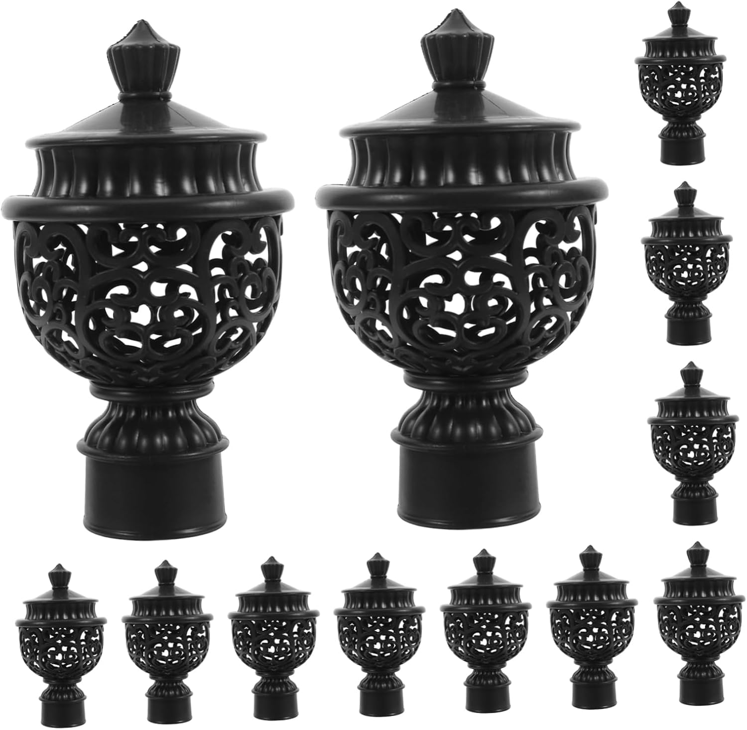 12Pcs Decorative Curtain Rod End Caps Hollow Drapery Pole Finials Replacement Head Caps for Window Treatments Home Decor 4.52X2.55X2.55In Black Plastic