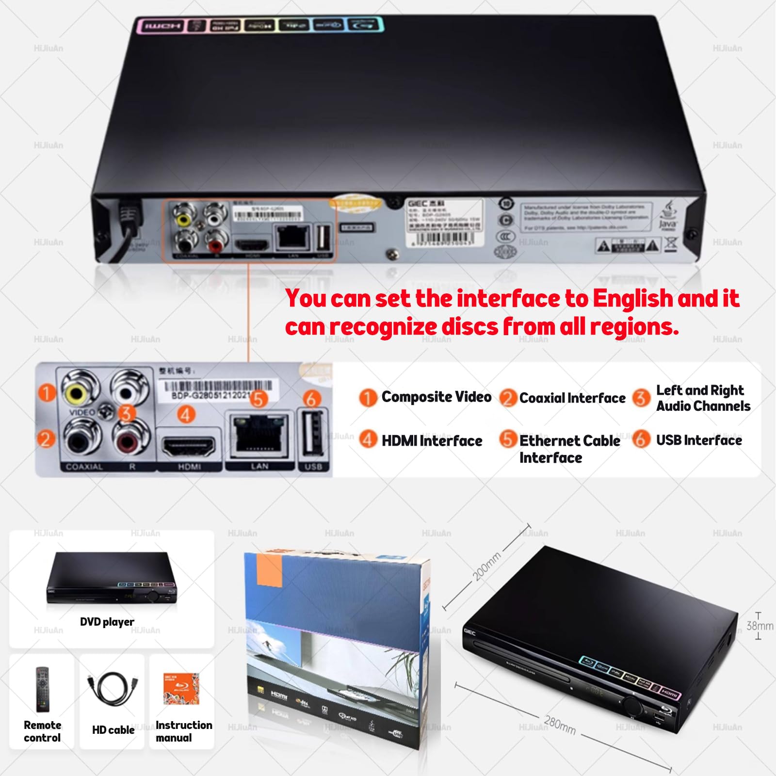 Odtwarzacz DVD bez regionu 1080P, odtwarzanie HDMI, wejście USB, obsługuje DVD, CD i VCD, zawiera kabel HDMI i pilot zdalnego sterowania do domowej rozrywki
