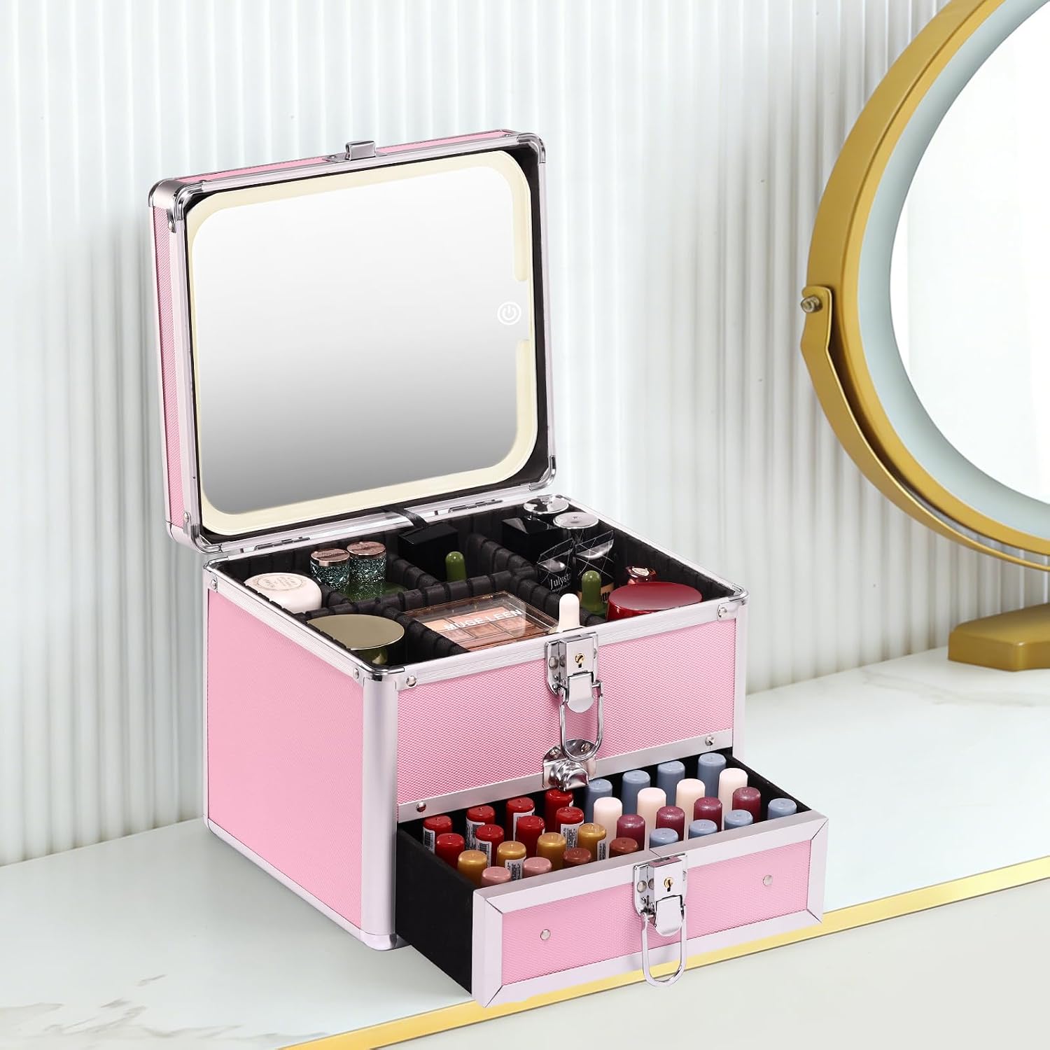Leeora&Leekoo Makeup box with Drawer and lighted mirror travel train Case, cosmetic organizer with Adjustable Dividers and Magnetic led mirror (Pink)