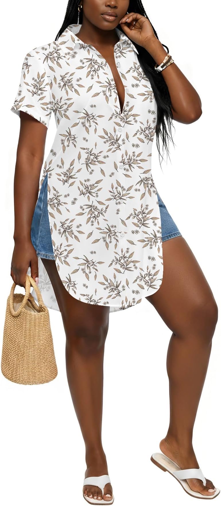 Women's Collar V Neck Button Down Slit Hem Short Sleeve Blouse Long Shirt Top