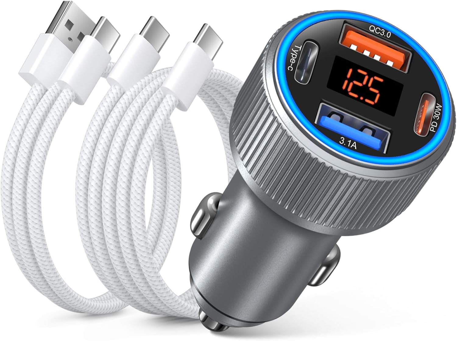 65W 4 Port Super Fast Type C Car Charger USB C for Samsung S25 S24 S23 Ultra A53 A16, iPhone 17 16 15 PD/QC 3.0 Fast Charging 12V Car Cigarette Lighter Adapter with Voltage Meter+4 Pack USB-C Cables