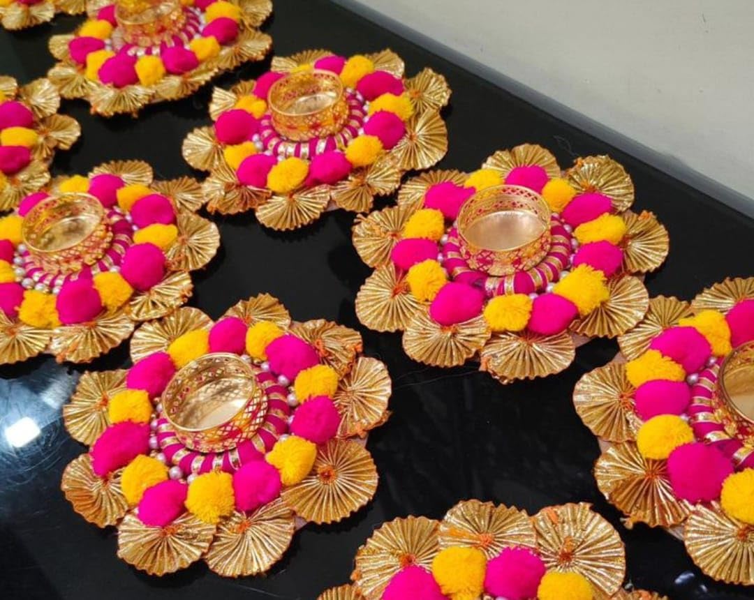 Sanvatsar Traditional Diwali Rangoli Set with Brass Diya Stand, Decorative Flower Patter for Festival Home Decor (Multicolour Flower pom)