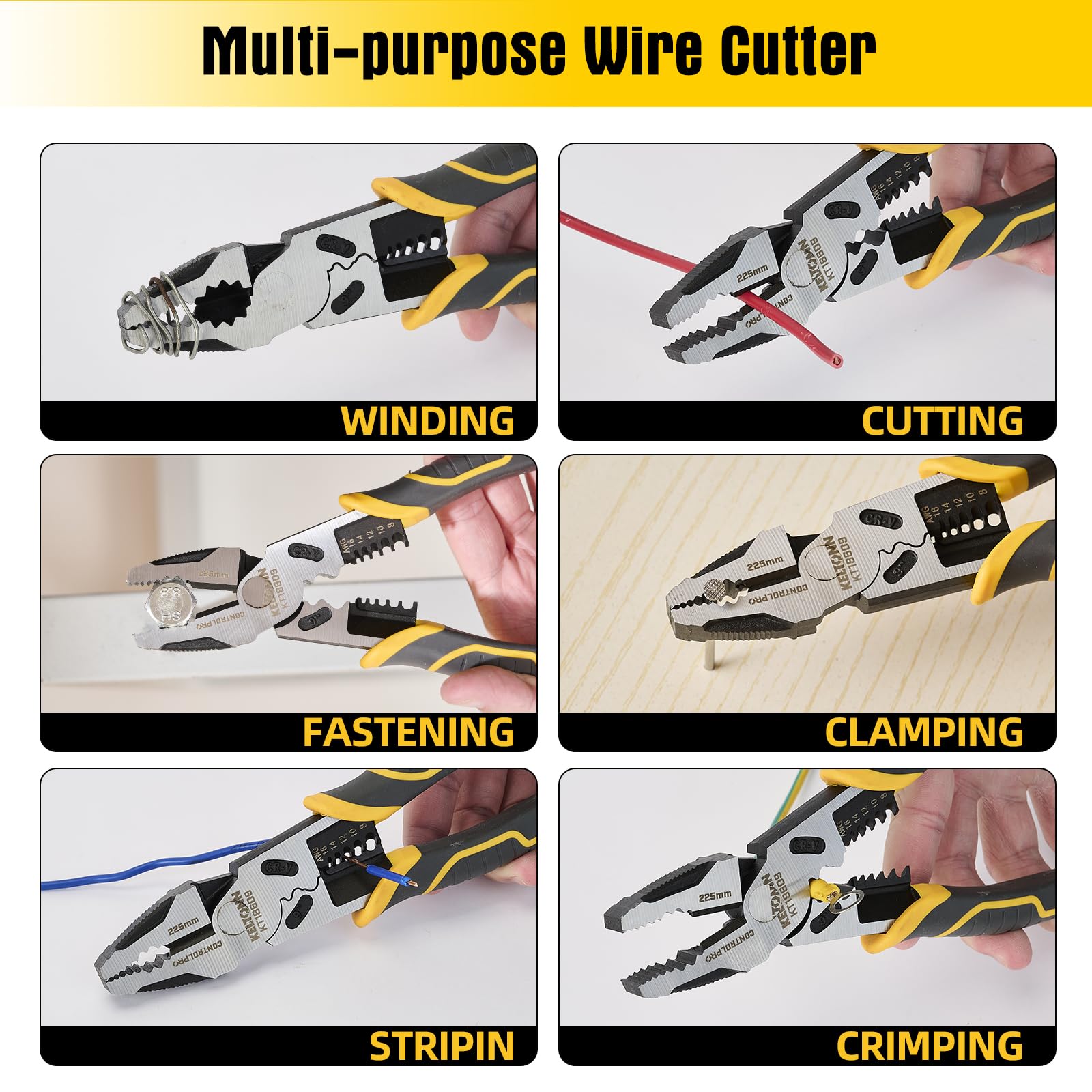 Pinze combinate spelafili, pinza crimpatrice e crimpatrice, strumento da 22,9 cm, 6 in 1, in acciaio Cr-V resistente, per presa, spelatura, crimpatura, lavori elettrici