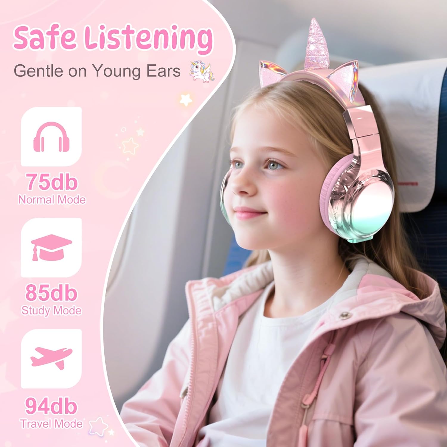 QearFun Kids Unicorn Bluetooth Headphones, 60H Playtime, 74/85/94dB Safe Volume Limit, Metallic Gradient Wireless Headset with Mic, Fast Charging, Foldable, Wired Mode for Girls School/Tablet/Travel - Image 2