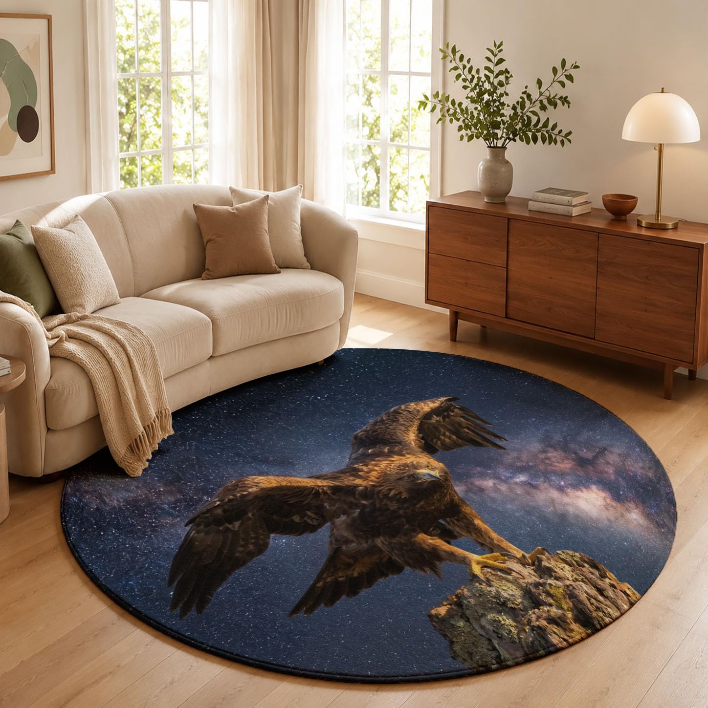 Tapis Rond Aigle Ciel Étoilé 100cm | Créature Fantastique Rond Tapis Doux Résistant, Lavable Antidérapant pour Chambre à Coucher Salle à Manger