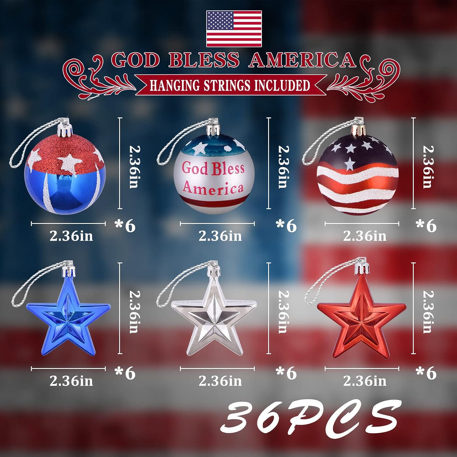 ILLUMINEW 36Pcs 4th of July Decor Ball Ornaments for Tree,2.36inch- Patriotic Christmas Tree Decorations, Patriotic Star for Independence Day,USA Themed Party Christmas Indoor Outdoor Decor