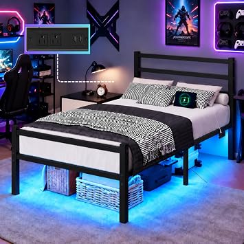 Twin Bed Frame with Charging Station & LED Lights, Twin Metal Bed Frame
