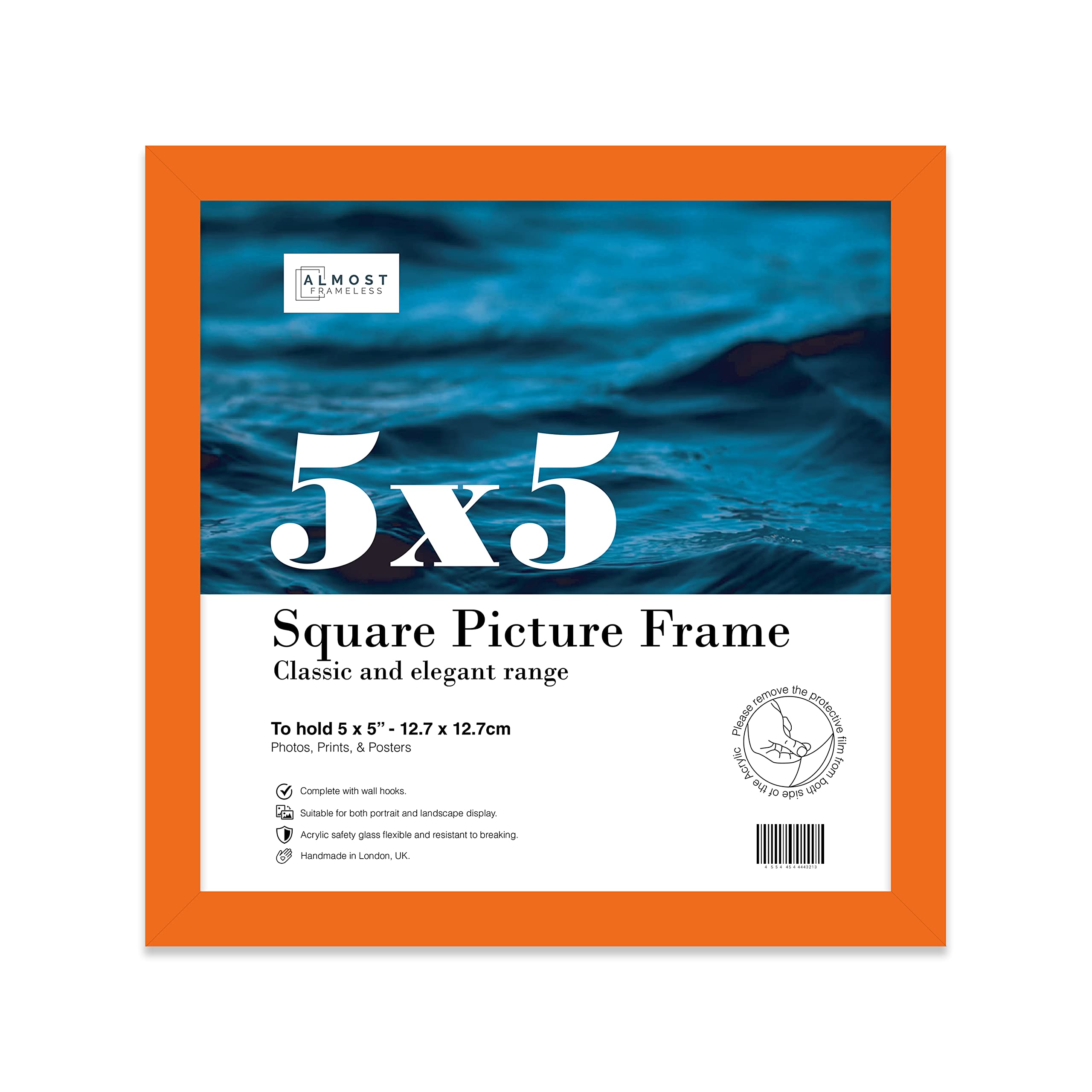 Almost Frameless 5x5 Orange Picture Frame 5"x5" (12.7x12.7cm) Poster, Photo, Artwork, or Print. Thin Edge Slim Frame Portrait and Landscape Display with Wall Hooks