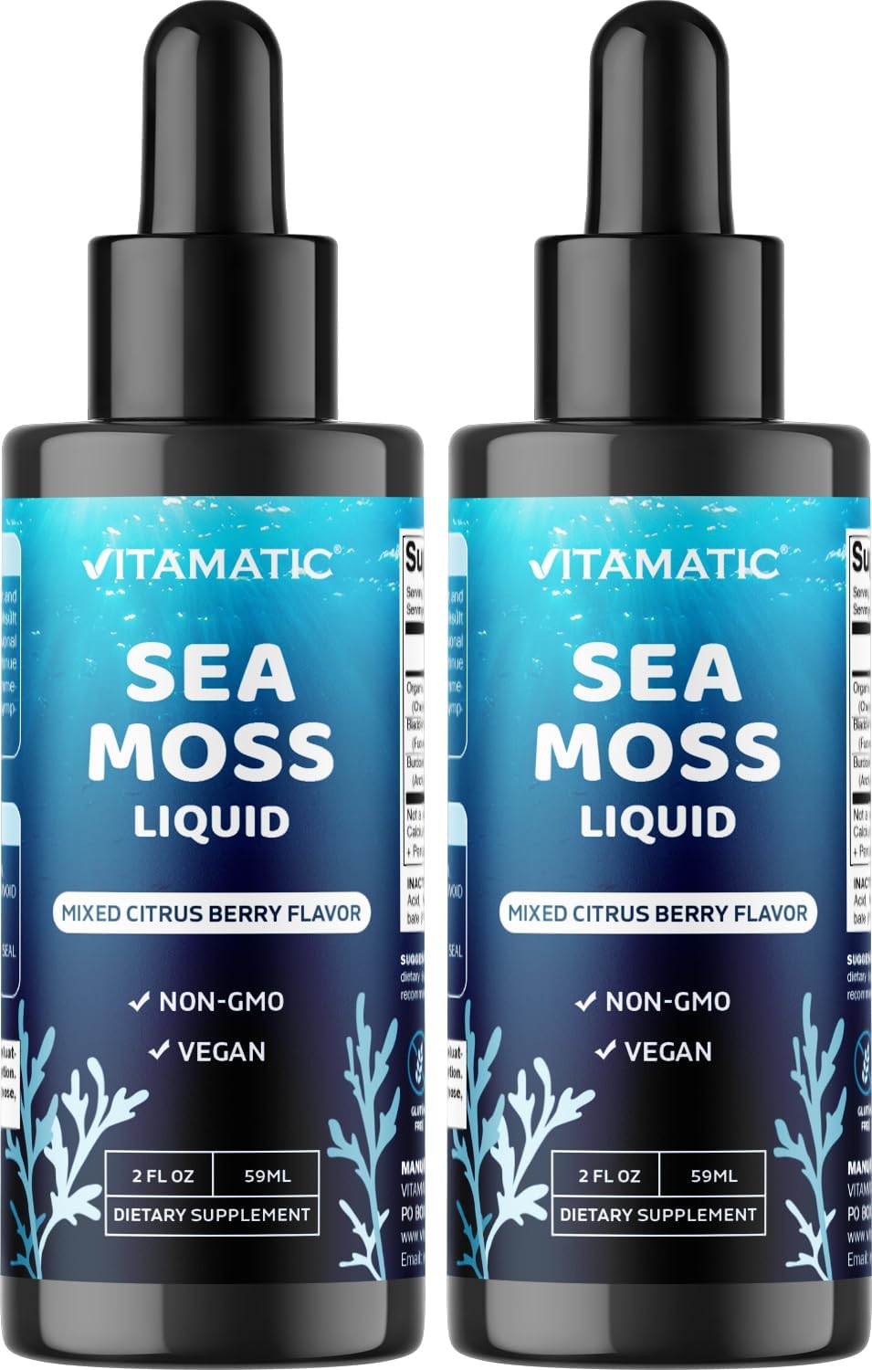 Vitamatic 2 Packs Liquid Organic Irish Sea Moss – Made with Bladderwrack & Burdock Root – 2800 mg per Serving – 2 FL OZ – Seamoss Total 4 oz