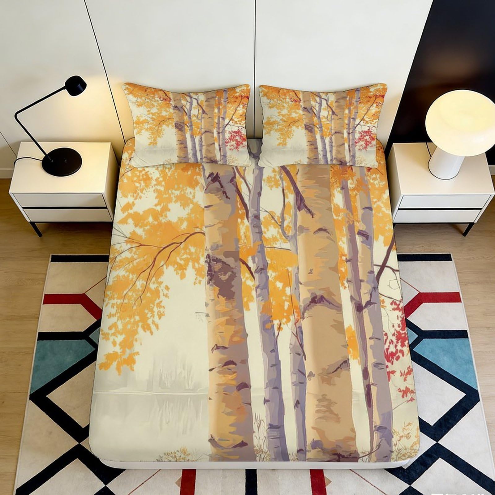 3D Printed Autumn Birch Fitted Sheet Microfiber Soft Breathable Forest Trees Mattress Cover for Bedroom Dormitory Guest Room Bed Protection 160x200x25cm