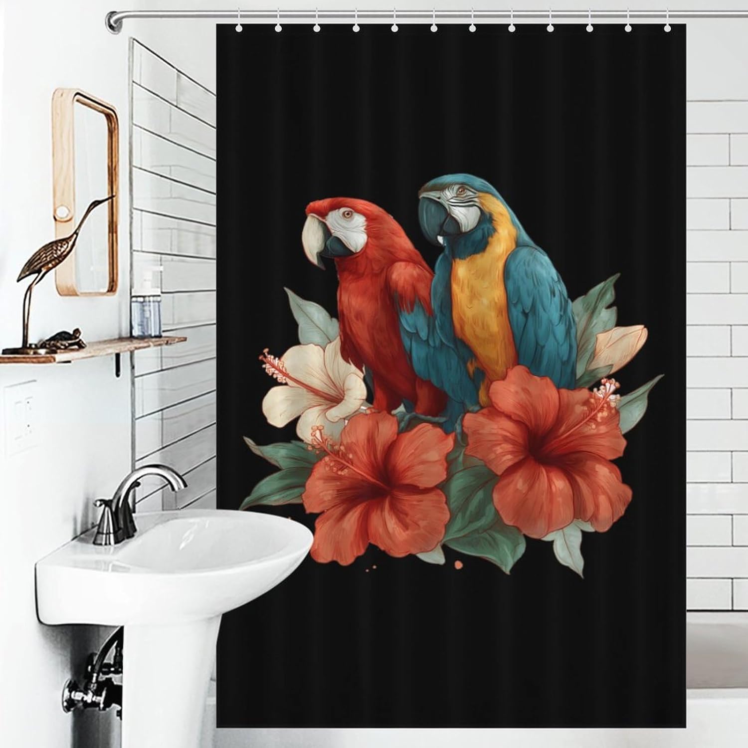 Parrots Hibiscus Hawaiian Shower Curtain 46.85x70.87Inch（119x180cm） Polyester Bath Curtain Shower Curtains Printed Decorative