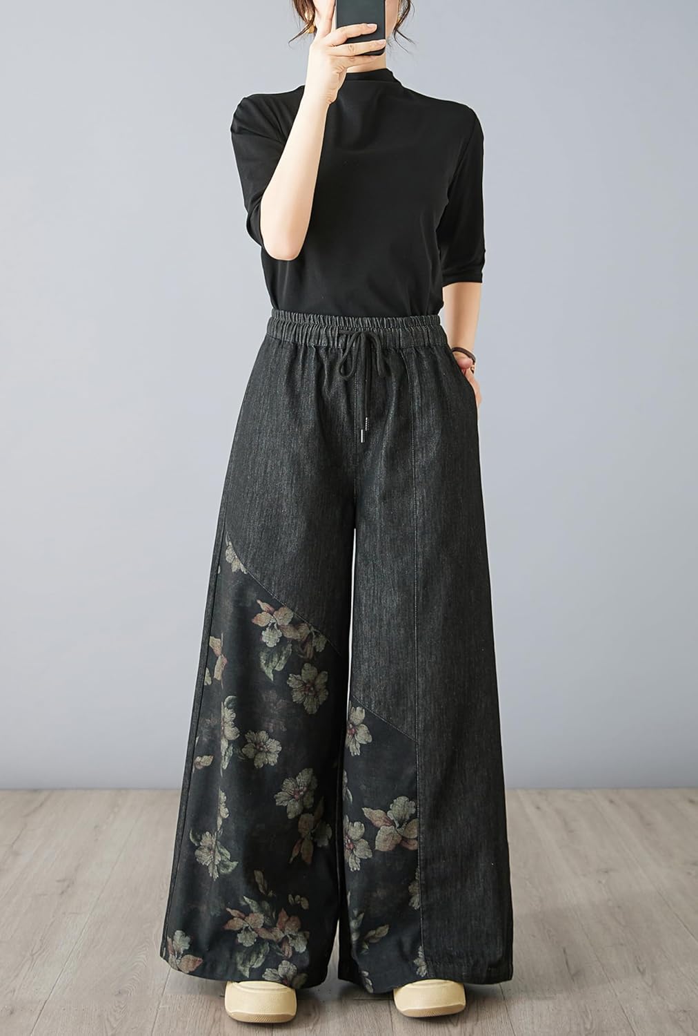 LAI MENG FIVE CATS Women's Casul Baggy Jeans Drawstring Elastic Waist Wide Leg Loose Denim Pants - Image 2