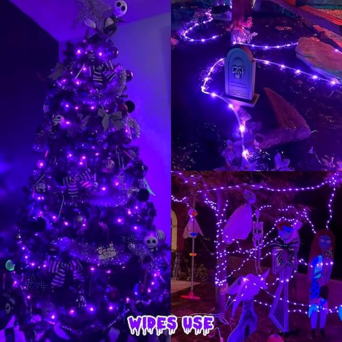 Miniatura 7 de Paquete de 2 luces solares moradas impermeables para exteriores, cada cadena de 100 luces LED solares de 33 pies, 8 modos de luces de hadas de tubo