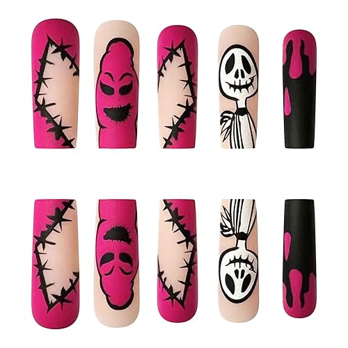 Miniatura 3 de Uñas postizas a presión de Halloween, cuadradas, largas, color rosa, cobertura completa, mate, 24 unidades (12 tamaños, 24 artículos, 1 juego)