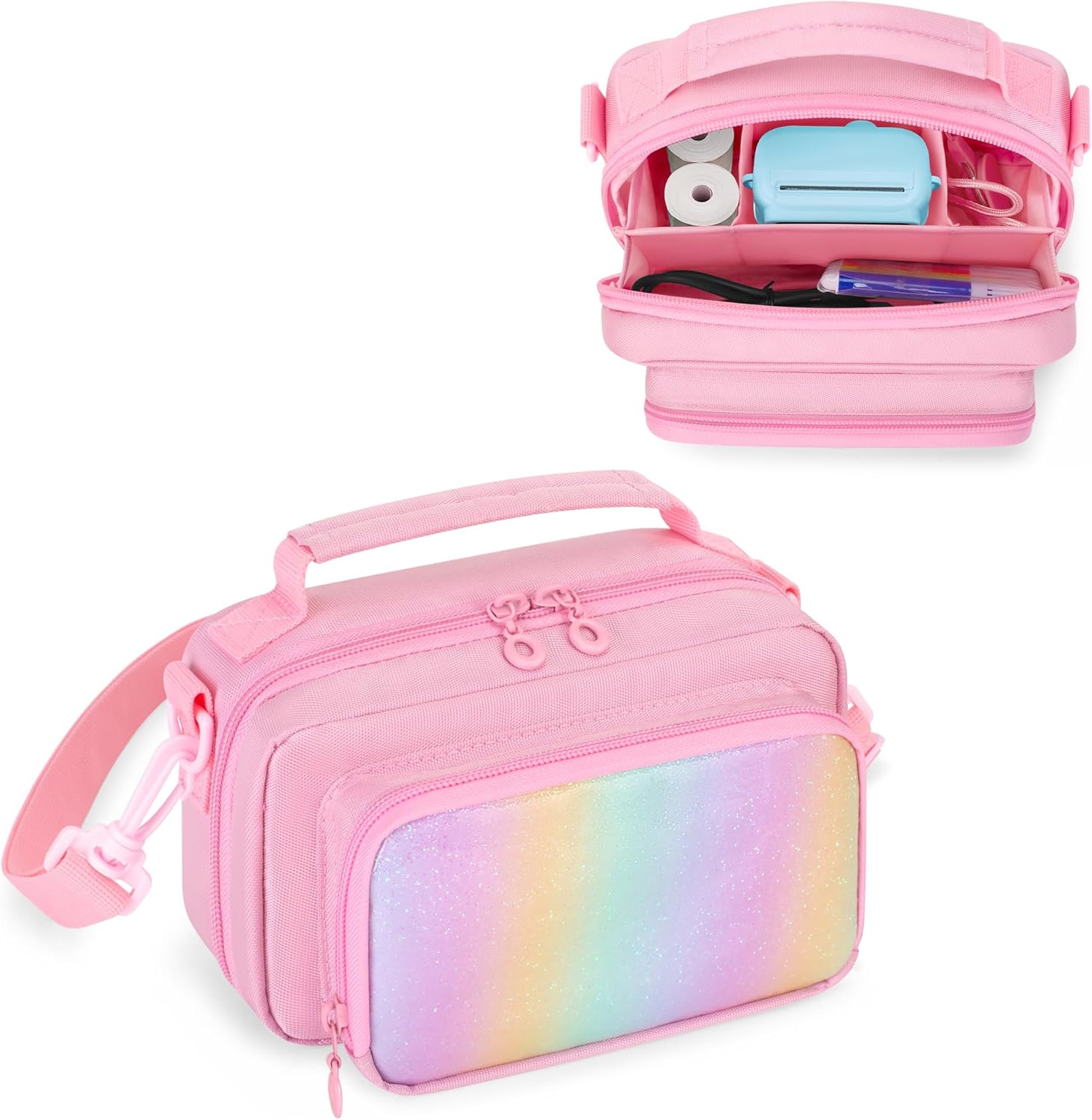 Kids Camera Case Compatible with ESOXOFFOR, Small Children Digital Carrying Bag with Pockets for Accessories, Front Binder Organizer Storage Printer Paper, with Detachable Shoulder Strap, Pink