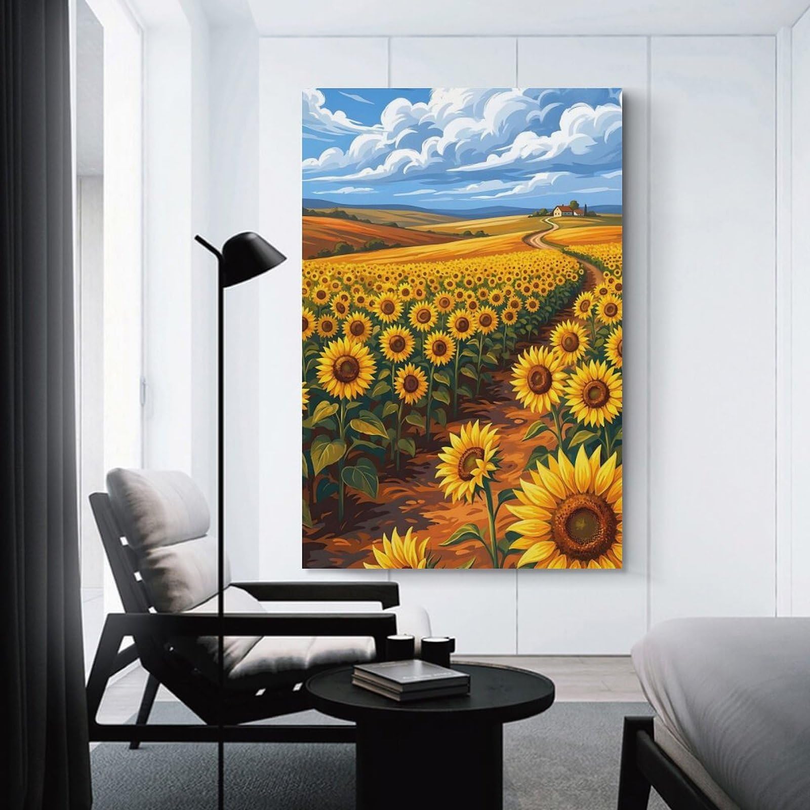 Junmoney Vast Sunflower Field Under A Cloudy Sky Canvas Art Print, 12x18inch(30x45cm), for Bedroom Decor, Cosy Corners Or Studios, A Warm Accent for Relaxed Interiors