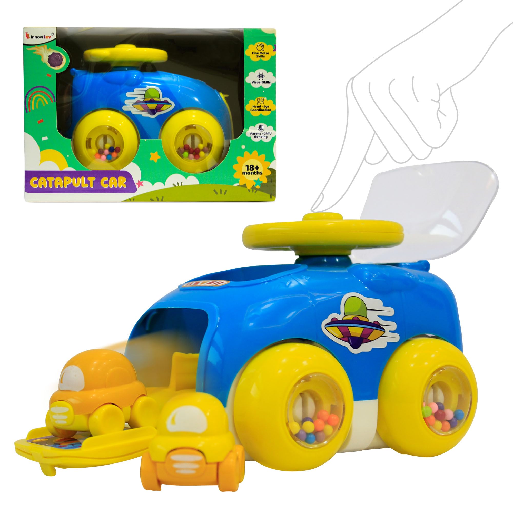 innovitoy Catapult Car Toys for Kids 2 Years | Push Friction Baby Car with Rattle Sound Wheel & Press Button Steering Wheel to Launch Two Mini Kids Car | BPA-Free | Baby Gift Set - Made in India(Blue) (B0CXHSWF6T) Amazon Price History, Amazon Price Tracker