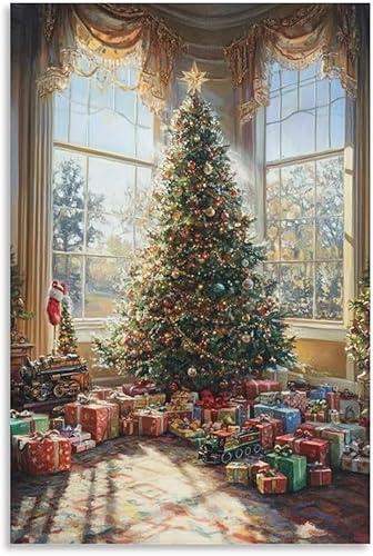 Árbol De Navidad Vintage Con Regalos, Decoración De Pared De Invierno, Póster De Pintura De Ventana De Vacaciones, Arte De Pared, Decoración De Casa