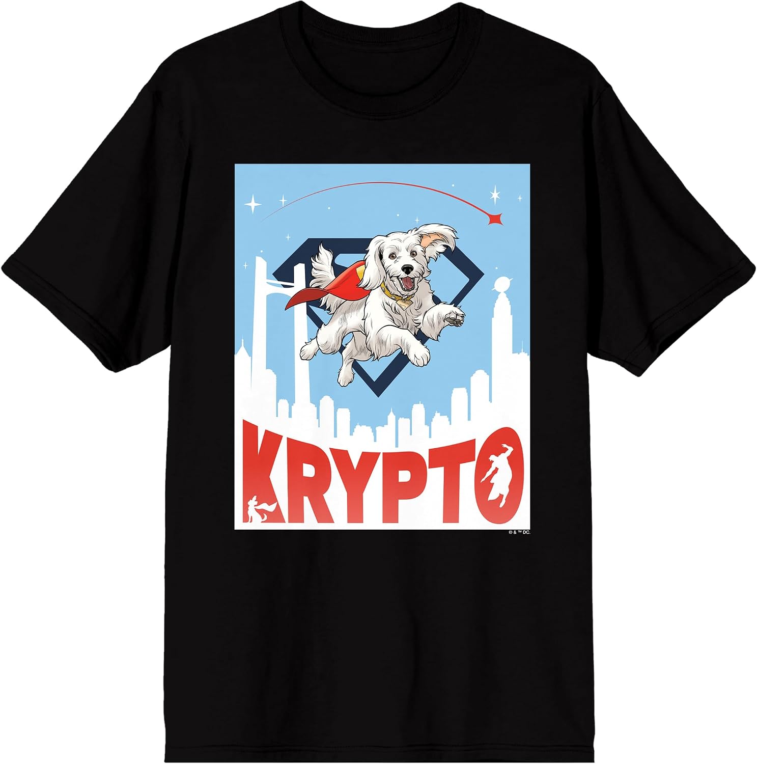 Bioworld Superman 2025 Krypto Flying Above Metropolis Adult Black Crew Neck Short Sleeve T-Shirt