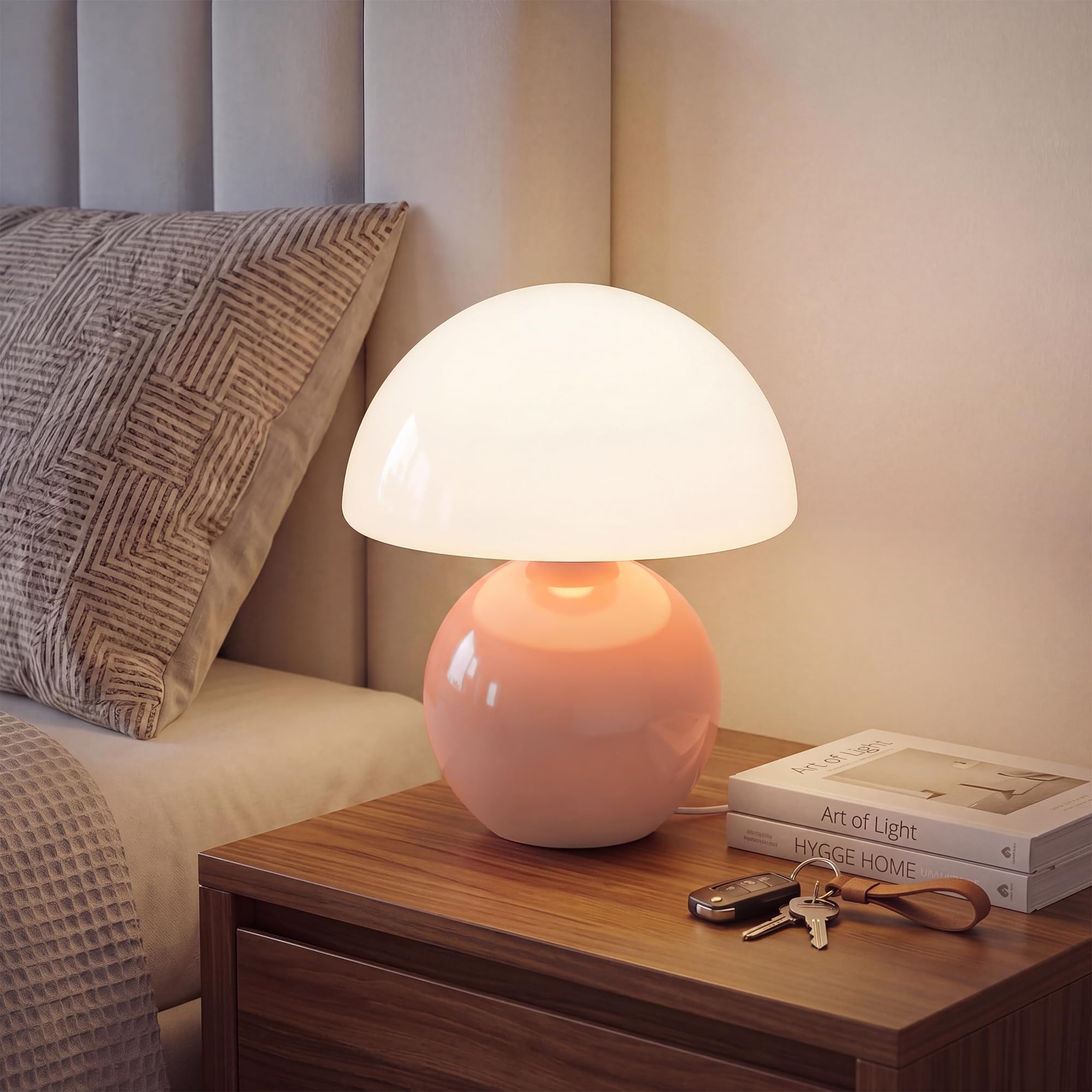 Dawnwake Mushroom Table Lamp Night Light Ceramic Glass Pedestal Pink Aesthetic Cute Table Lamp for Bedroom Living Room Kids Room Decoration