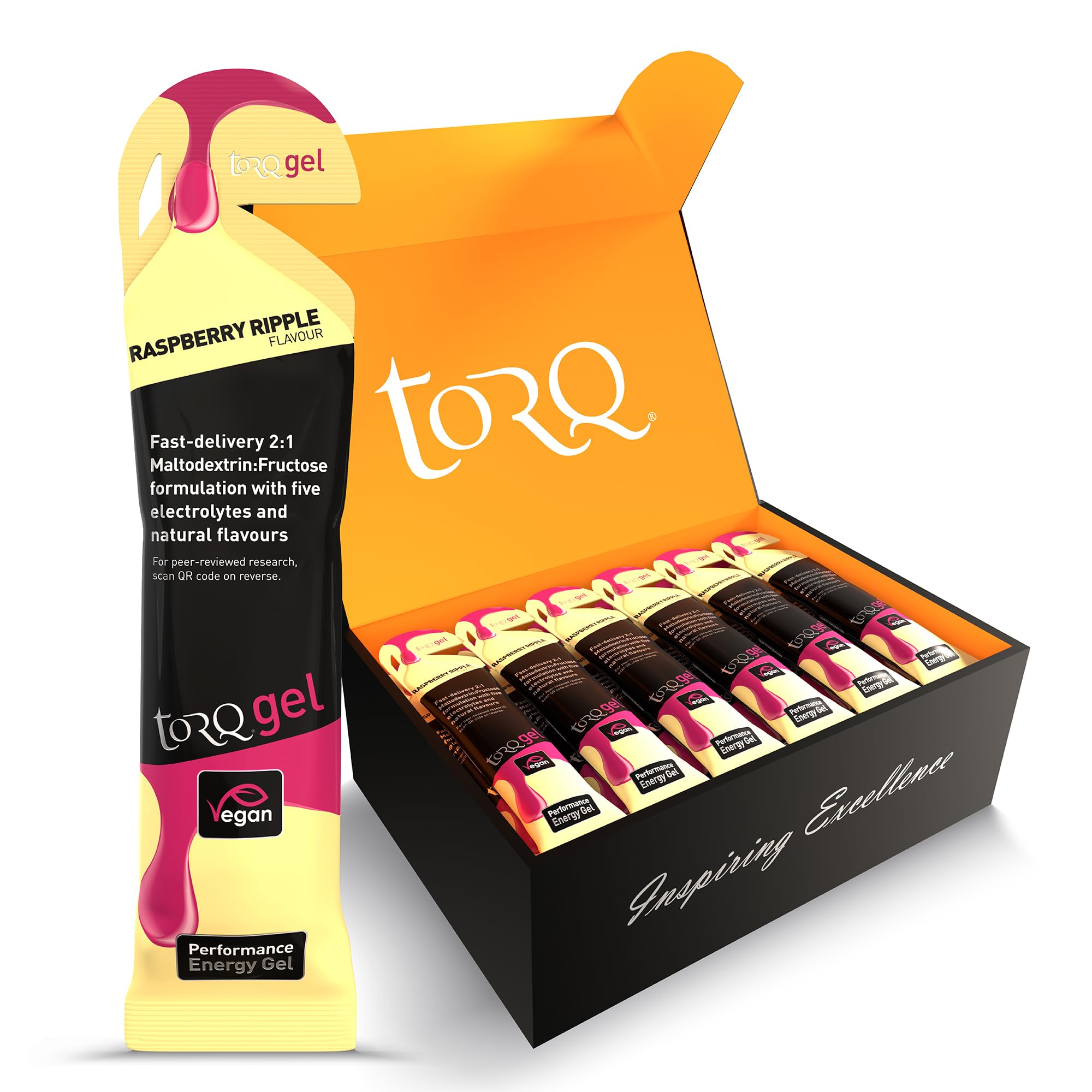 TORQ Running Gels with Electrolytes - 2:1 Maltodextrin: Fructose for Endurance Sports & Optimal Performance | Energy Gels for Running, Cycling & Marathons - 30g Carbs Per Gel | Raspberry Ripple 30