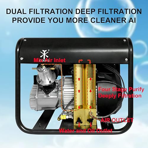 Miniatura 3 de TUXING Compresor de aire PCP de doble cilindro, compresor de aire de alta presión de 4500 psi, dos filtros de agua y aceite integrados, bomba de