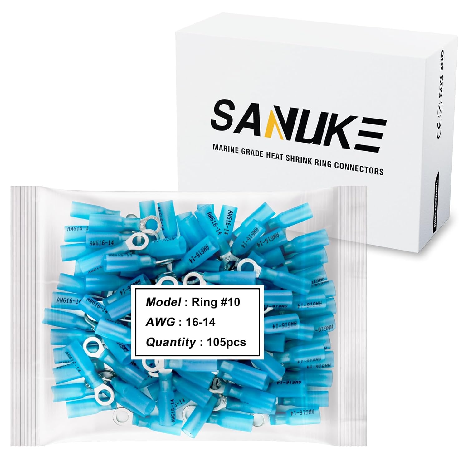 Sanuke 105Pcs 16-14 AWG - #10 Heat Shrink Ring Terminals 0.8mm Tinned Pure-Copper Marine Grade Waterproof Heat Shrink Wire Connectors Blue