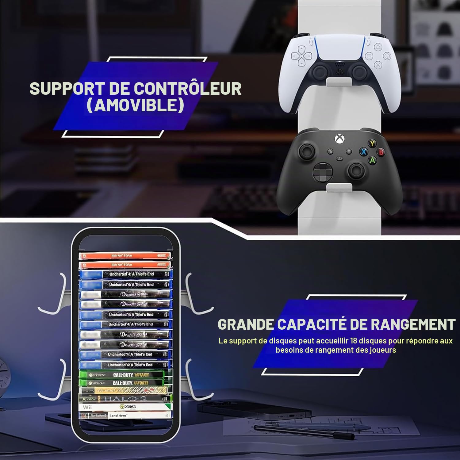 Tour de stockage de jeux, organisateurs universels de disques de jeu, stocke 18 jeux avec 4 supports de manette pour jeux PS5/PS4/Xbox One/Xbox Series S&X/Nintendo