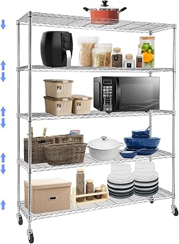 BNSPLY Commercial Wire Shelving Unit with Wheels, 5 Tier Adjustable Wire Shelves with NSF Certified, Heavy Duty Metal Storage Rack Shelf Unit for Kitchen, Garage 17.7" D x 59" W x 71" H, Chrome